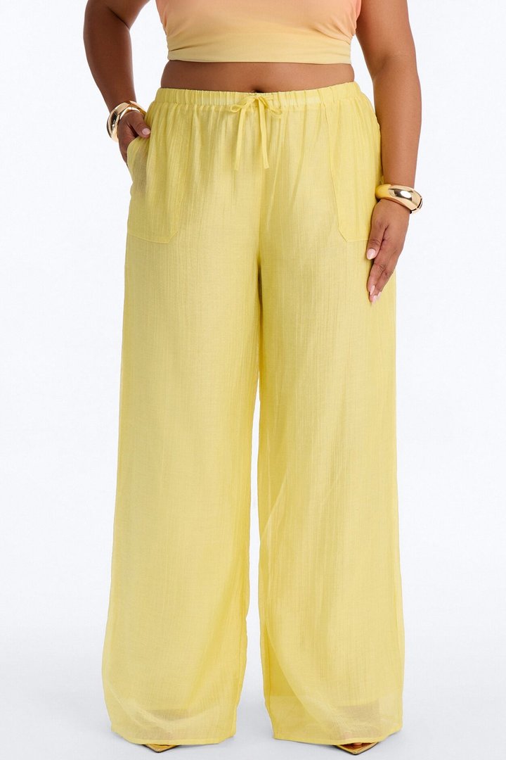 Vacay Babe Textured Wide Leg Pant - Butter Yellow