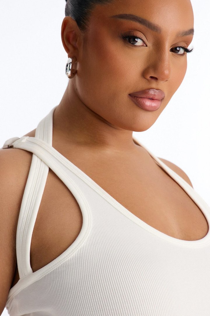City Streets Ribbed Layered Off Shoulder Halter Top - White