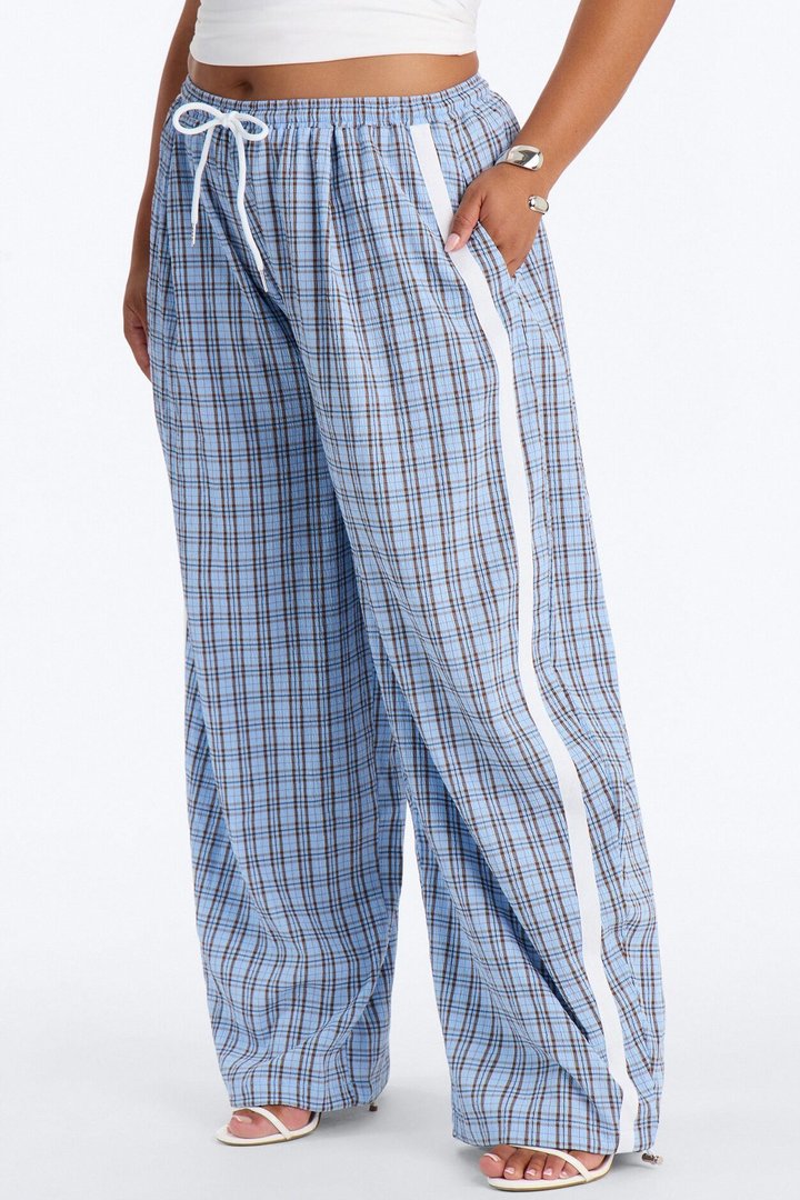 Kori Mid Rise Plaid Wide Leg Pant 31″ - Blue/combo