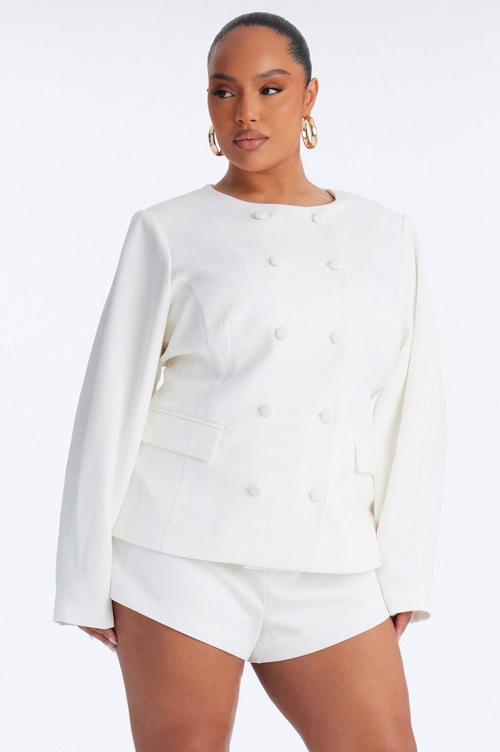 Niomie Long Sleeve Double Breasted Collarless Blazer - White