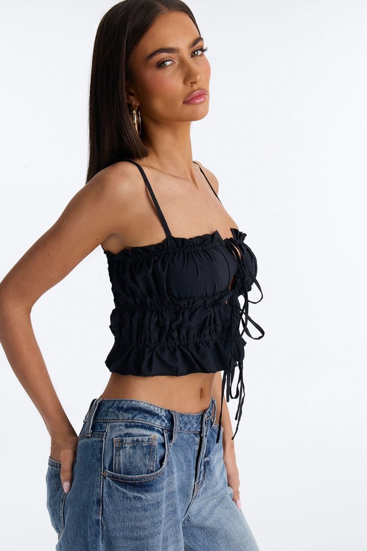 Maelle Tie Front Ruched Poplin Cami Top - Black