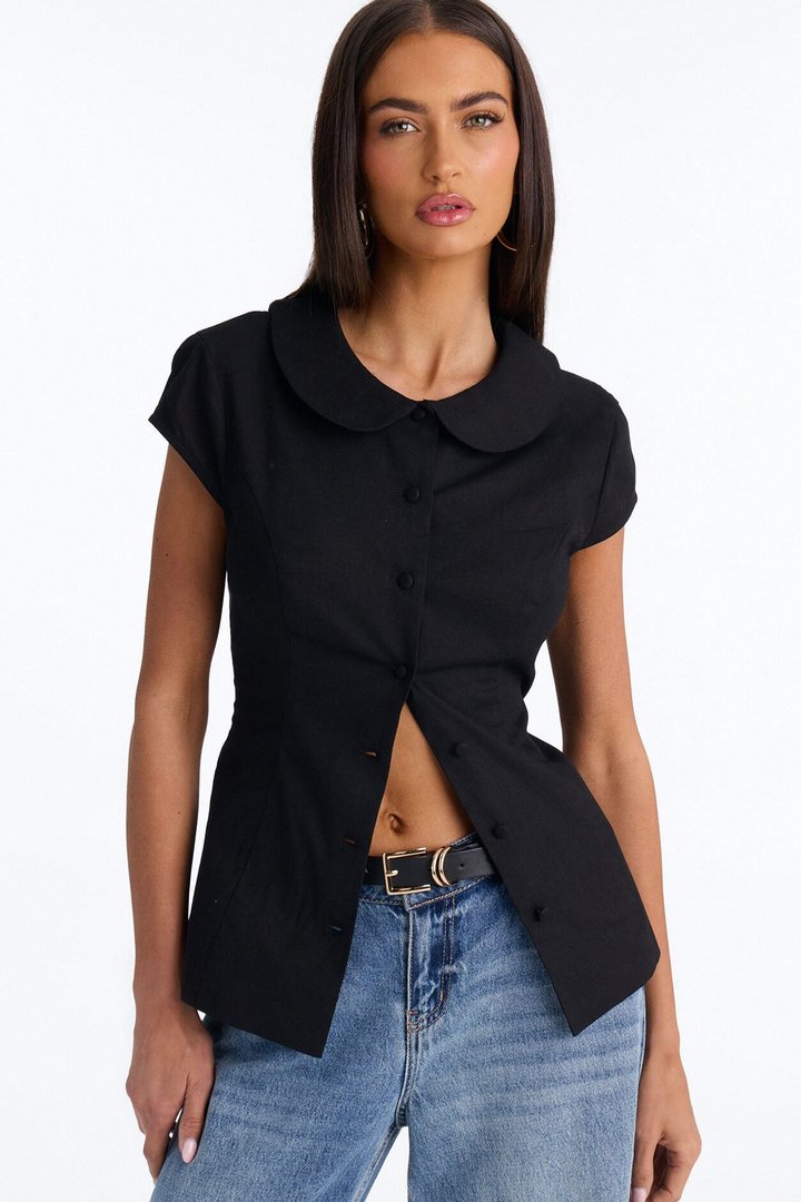 Little Cute Moment Tie Back Linen Shirt - Black