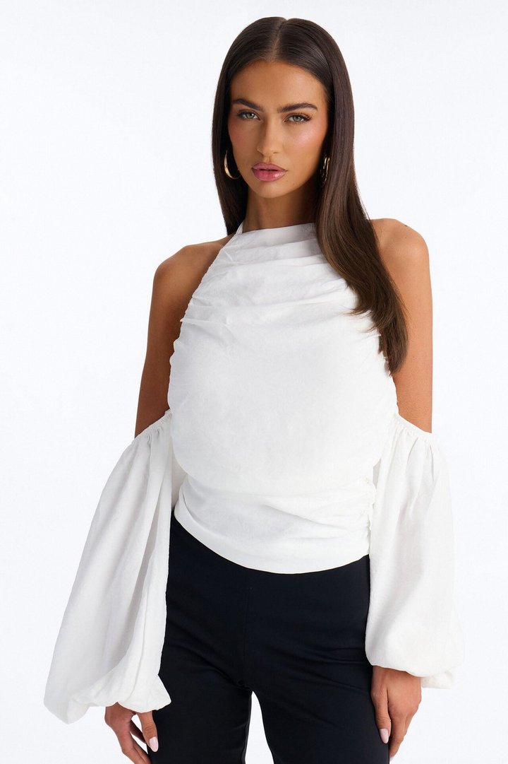 Too Cute To Care Long Sleeve Ruched Airflow Halter Top - White