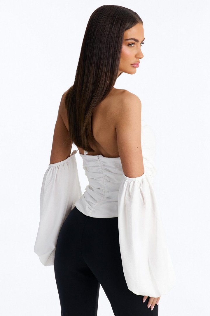 Too Cute To Care Long Sleeve Ruched Airflow Halter Top - White