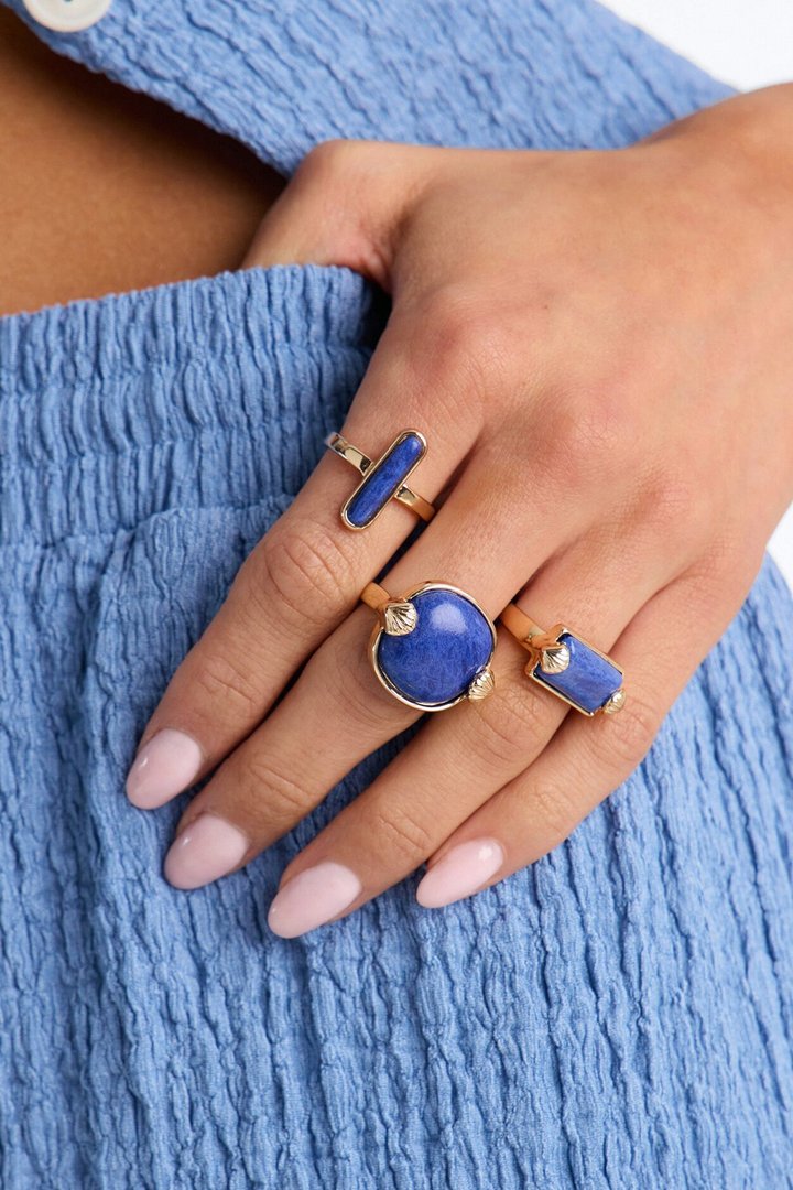 Shades Of Blue 3 Piece Ring Set - Gold/Blue