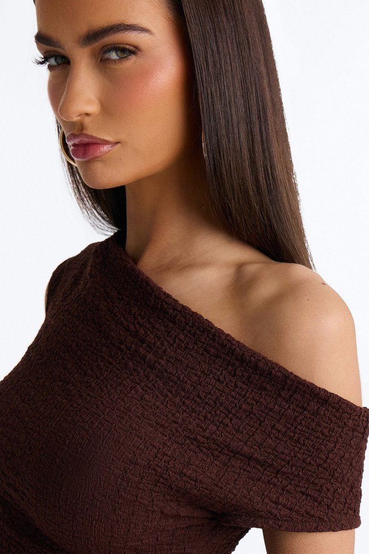 Tropical Tease Textured Off Shoulder Short Sleeve Top - Brown