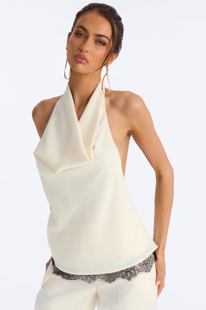 Romantic Chaos Lace Contrast Satin Halter Top - Cream/combo