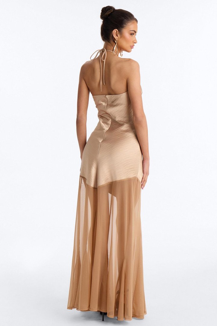Adina Mesh Satin Maxi Dress - Mocha