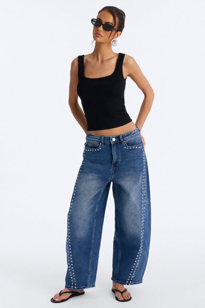 See You Never Grommet Embellished Barrel Jeans - Dark Wash