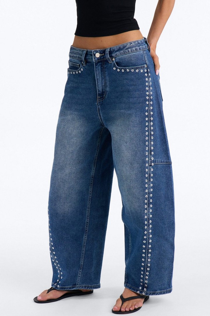 See You Never Grommet Embellished Barrel Jeans - Dark Wash