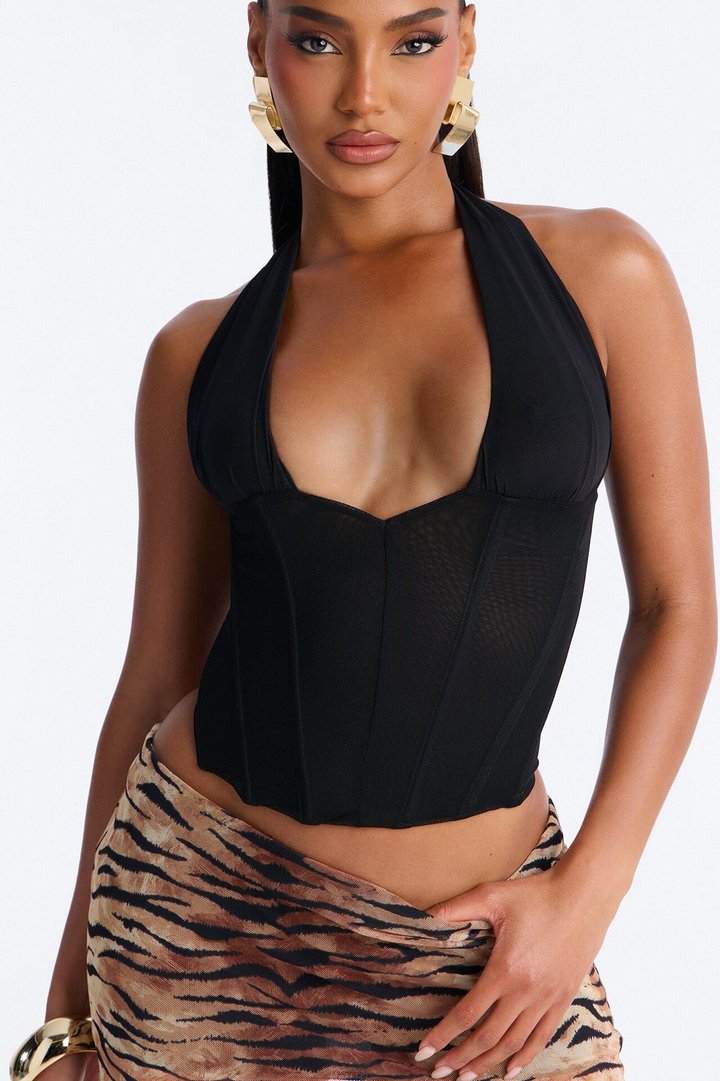 Never Forget Corset Mesh Halter Top - Black