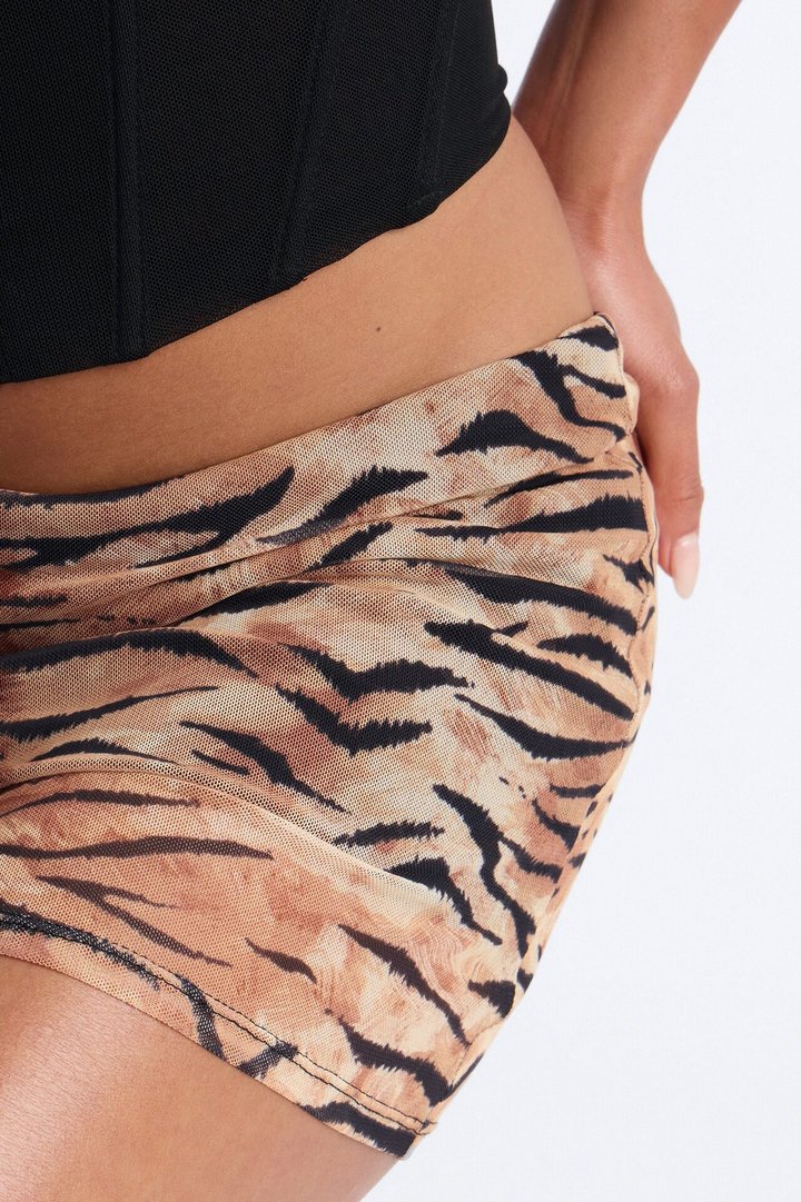 Claws Out Tiger Print Mesh Mini Skirt - Tan/Multi