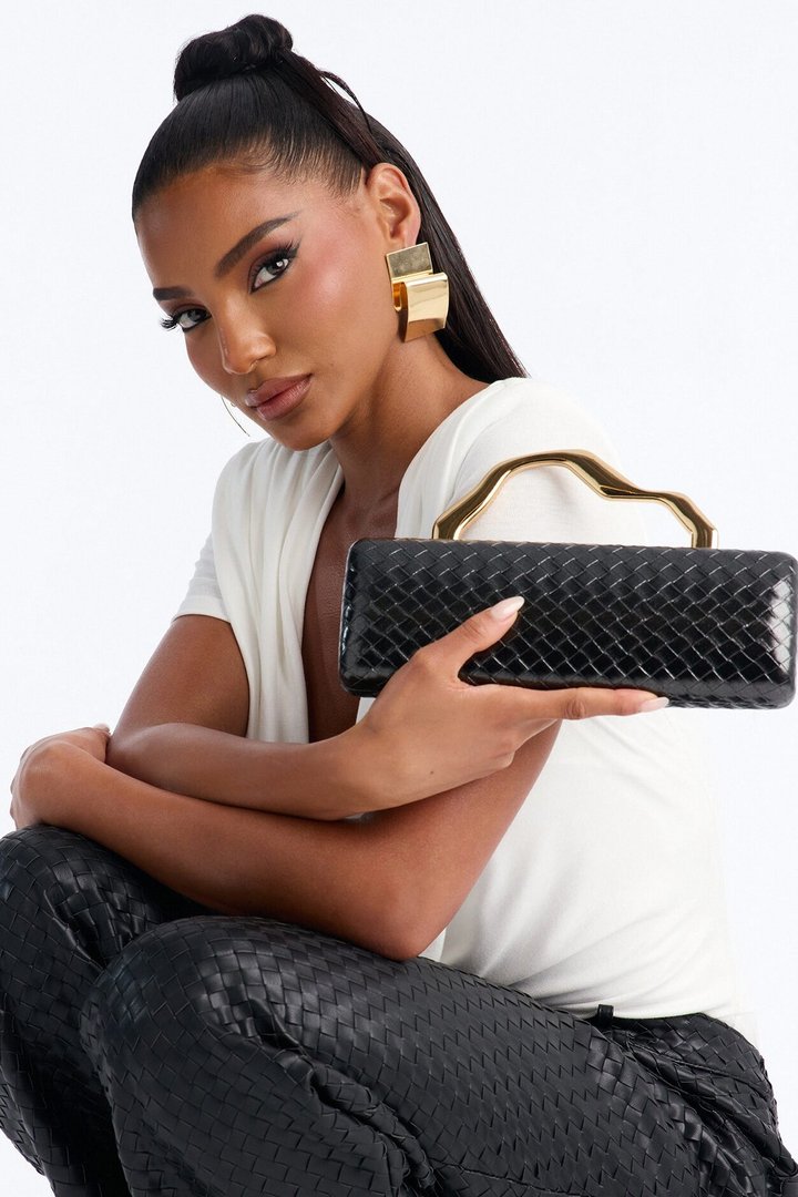 Deco Woven Faux Leather Clutch - Black