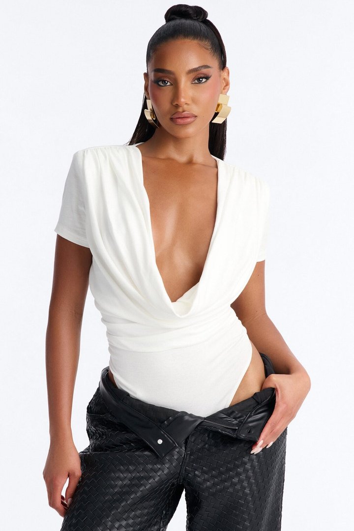 Adele Cowl Neck Short Sleeve Bodysuit - White