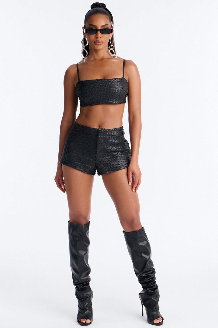 Vivian Woven Faux Leather Bralette Top - Black