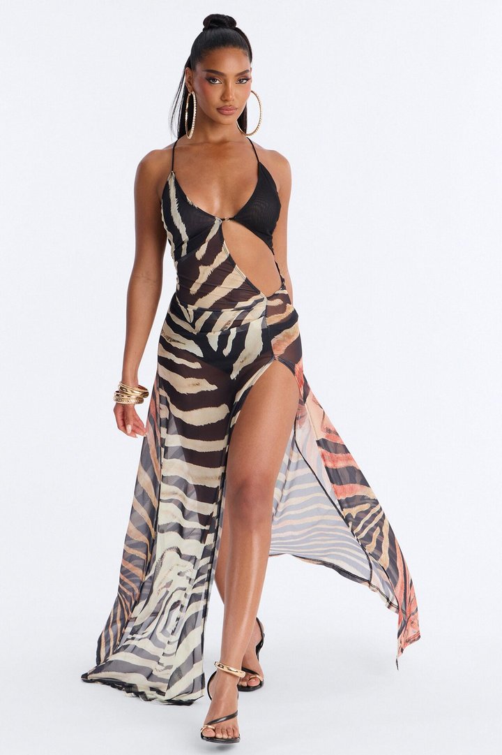 Can't Tame Her Mesh Maxi Dress - Brown/combo