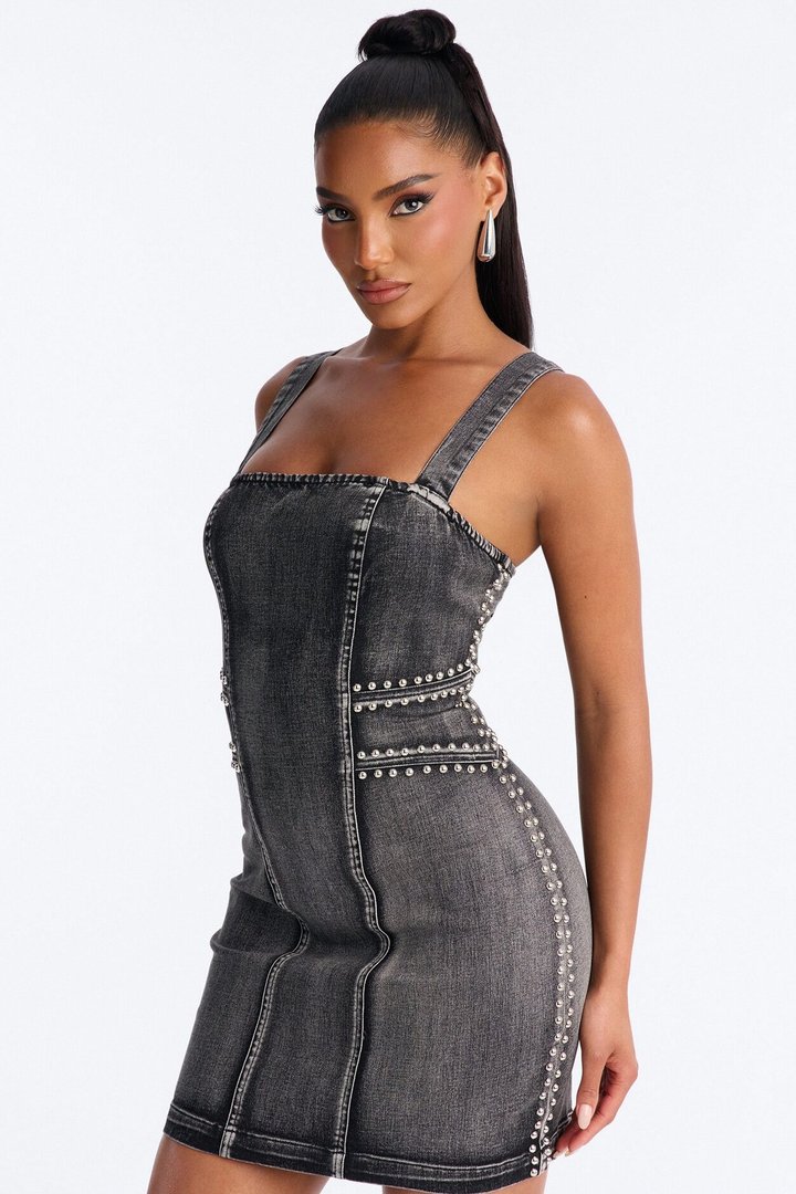 Kassidy Studded Stretch Denim Micro Mini Dress - Black Wash
