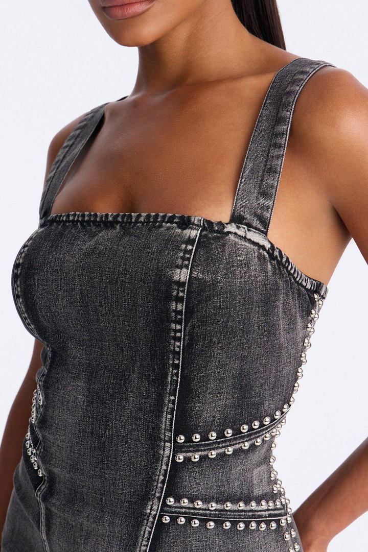 Kassidy Studded Stretch Denim Micro Mini Dress - Black Wash