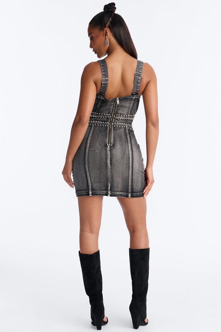 Kassidy Studded Stretch Denim Micro Mini Dress - Black Wash