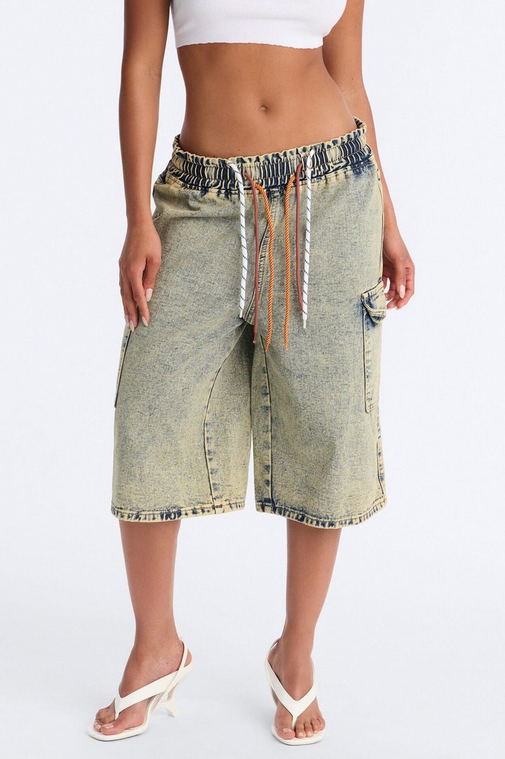 Side Hustles Cargo Denim Jorts - Acid Wash Black