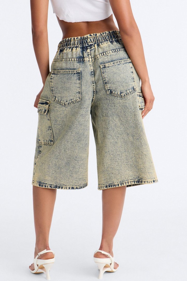 Side Hustles Cargo Denim Jorts - Acid Wash Black