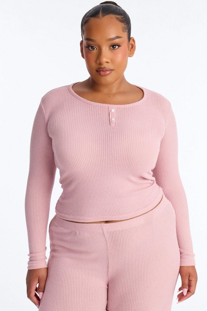 Slumber Haven Ribbed Long Sleeve PJ Pant Set - Mauve