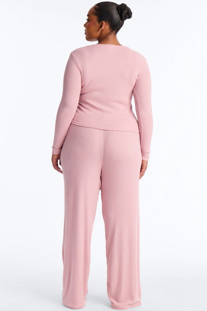 Slumber Haven Ribbed Long Sleeve PJ Pant Set - Mauve