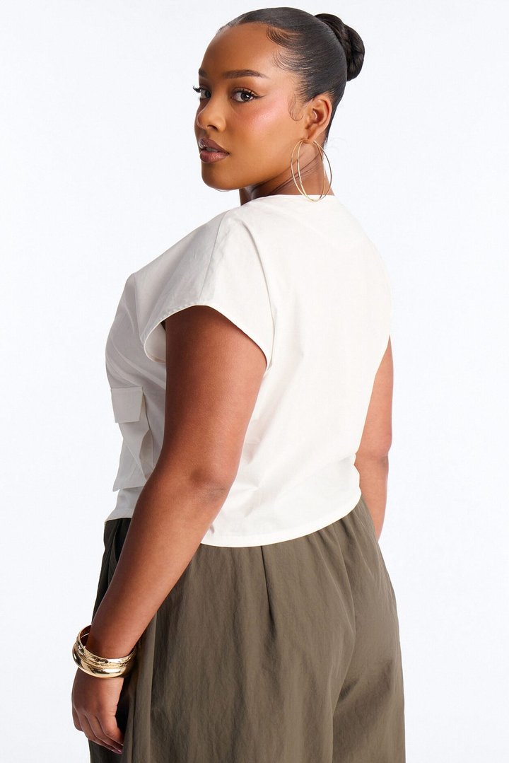 City Steps Front Zip Poplin Top - White