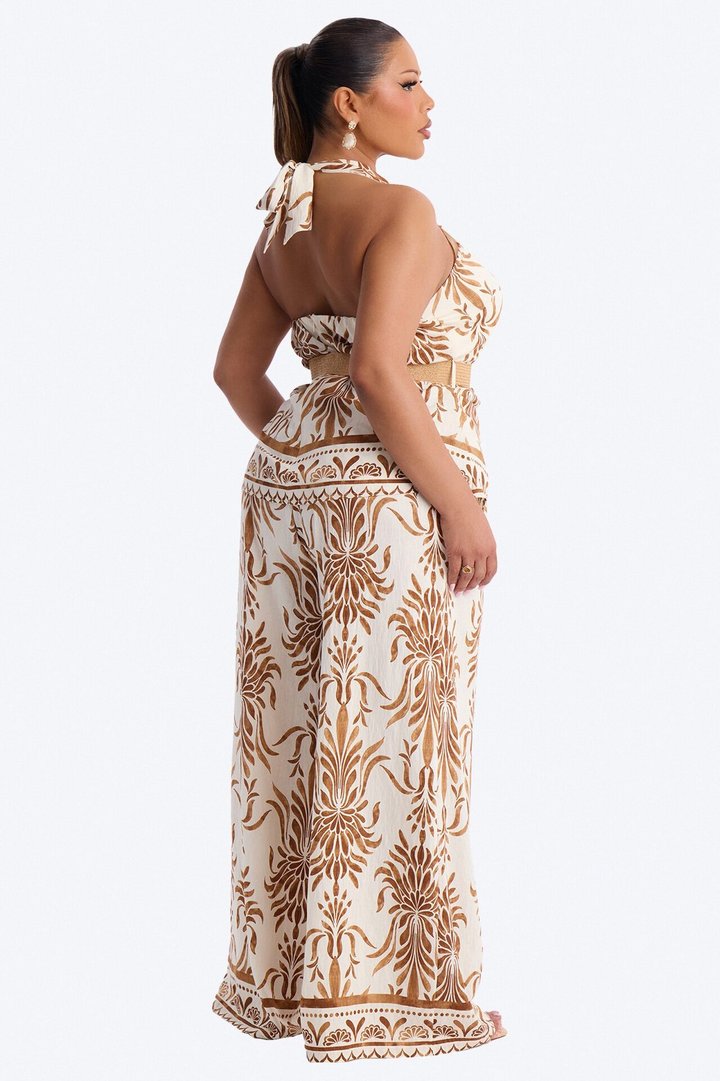 Vacation Fantasy Belted Linen Pant Set - Cream/combo