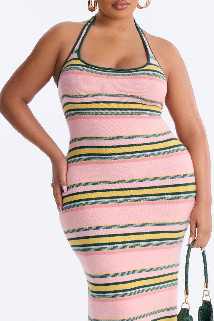 Bennie Halter Striped Sweater Maxi Dress - Pink/combo