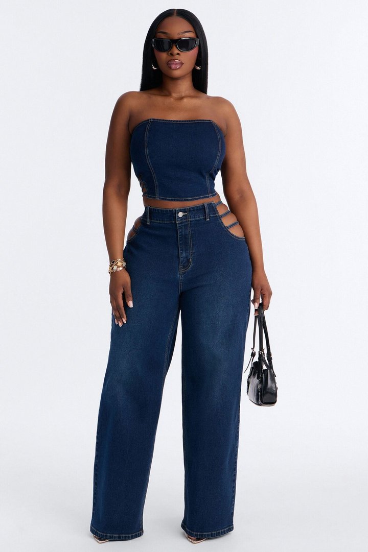 Arazia Denim Cut Out Pant Set - Dark Denim