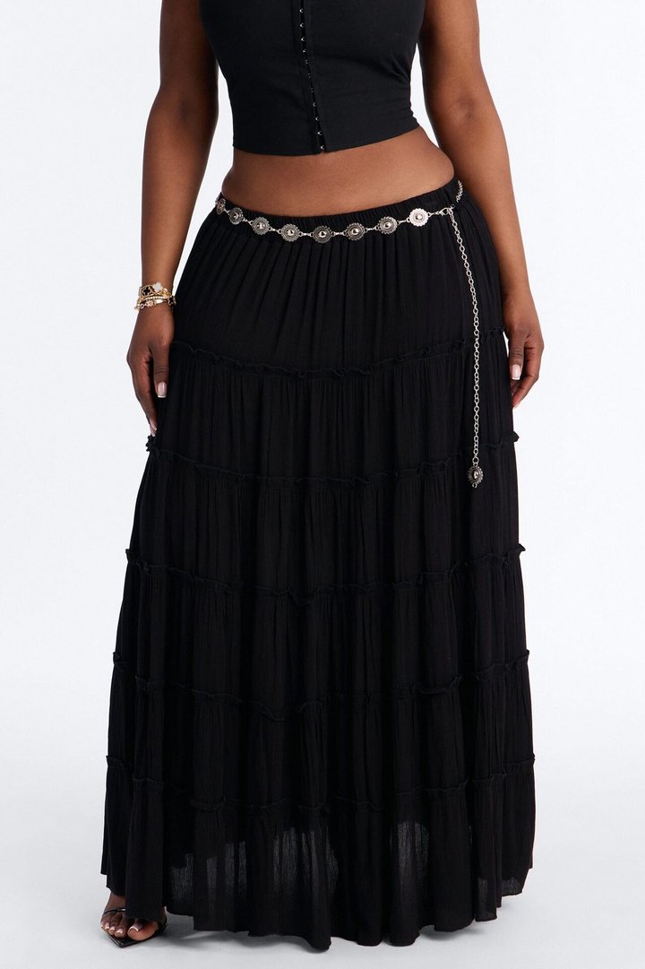 Free Spirit Low Rise Belted Tiered Maxi Skirt - Black