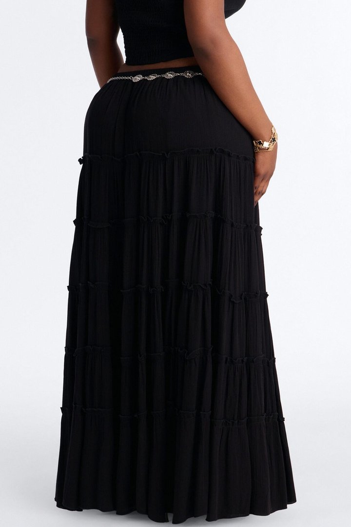 Free Spirit Low Rise Belted Tiered Maxi Skirt - Black