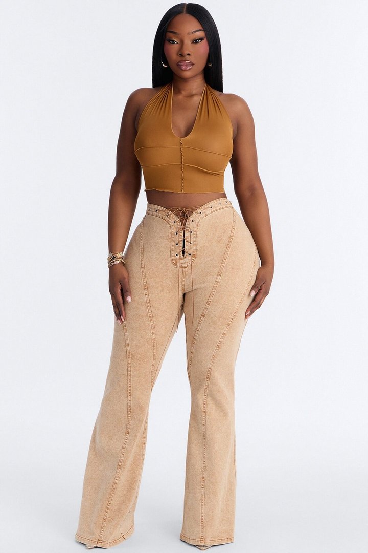 Run this Town Lace Up Washed Flared Pant - Brown