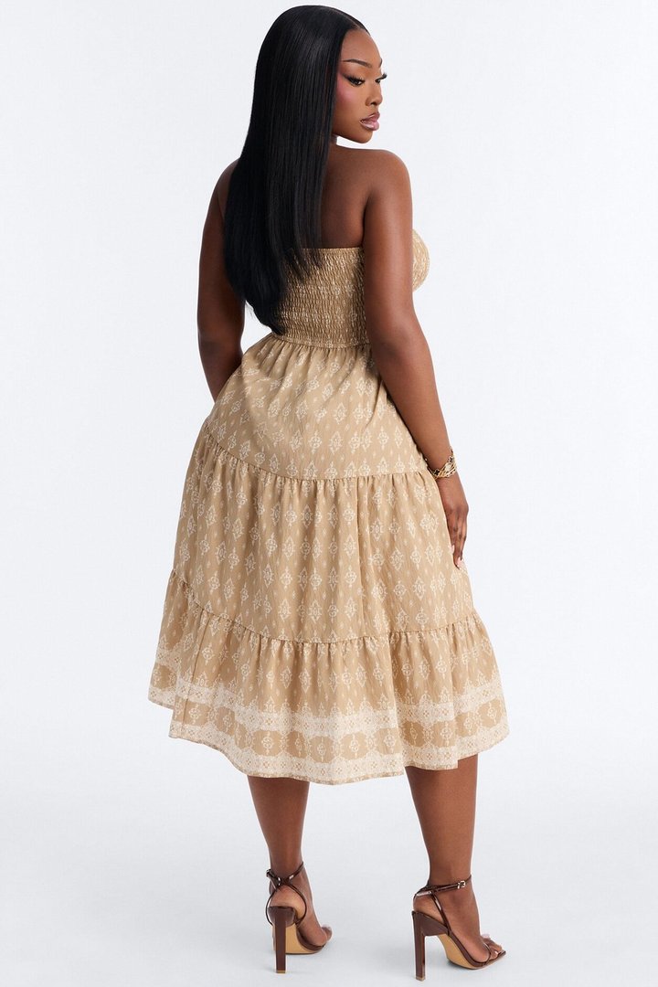Noelle Strapless Print Midi Dress - Mocha/combo