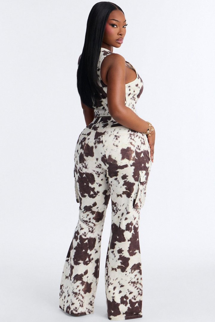 Very Western Vibes Print Denim Pant Set - Brown Combo