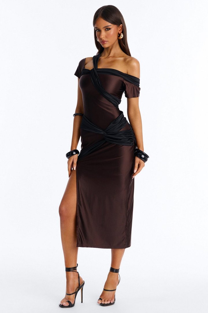 Malia Draped Midi Dress - Chocolate/Combo