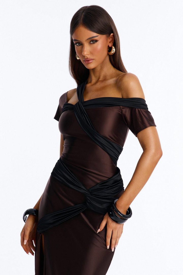 Malia Draped Midi Dress - Chocolate/Combo