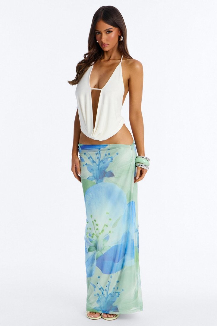 Izzie Asymmetrical Floral Mesh Maxi Skirt - Blue/combo