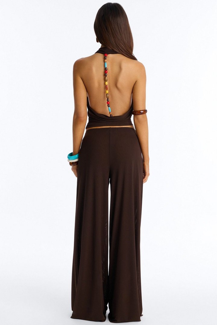 After Dark Behavior Mesh Halter Pant Set - Chocolate