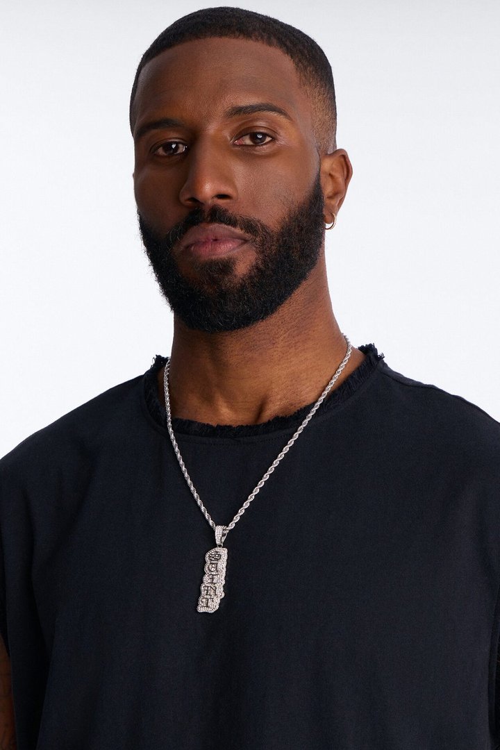 Saint Script Vertical Iced Pendant Necklace - Silver
