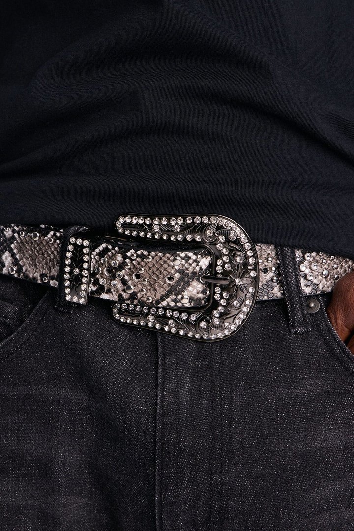 Rhinestone Embellished Snake Western Buckle Belt - Grey