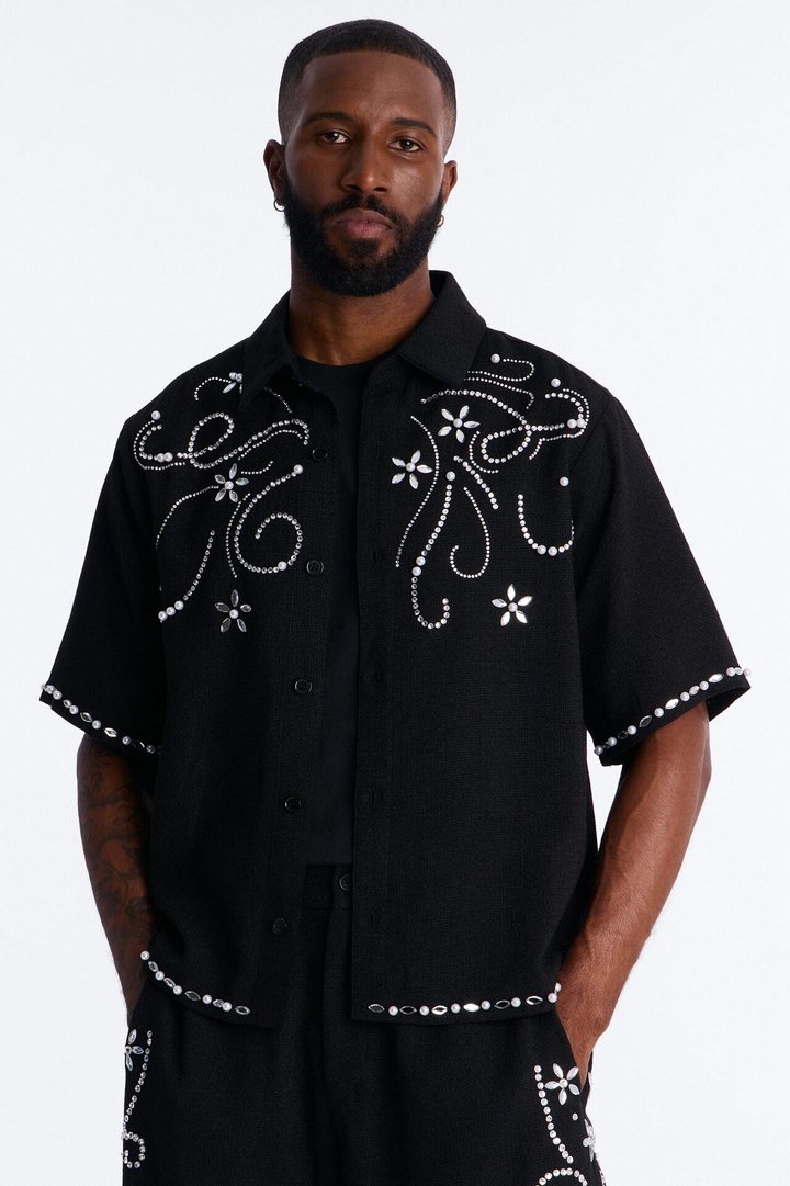 Cropped Wanderlust Pearl Journey Button Up - Black