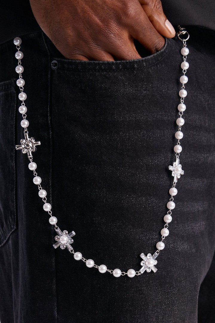 Crystallized Faith And Pearl Pant Chain - White/Silver