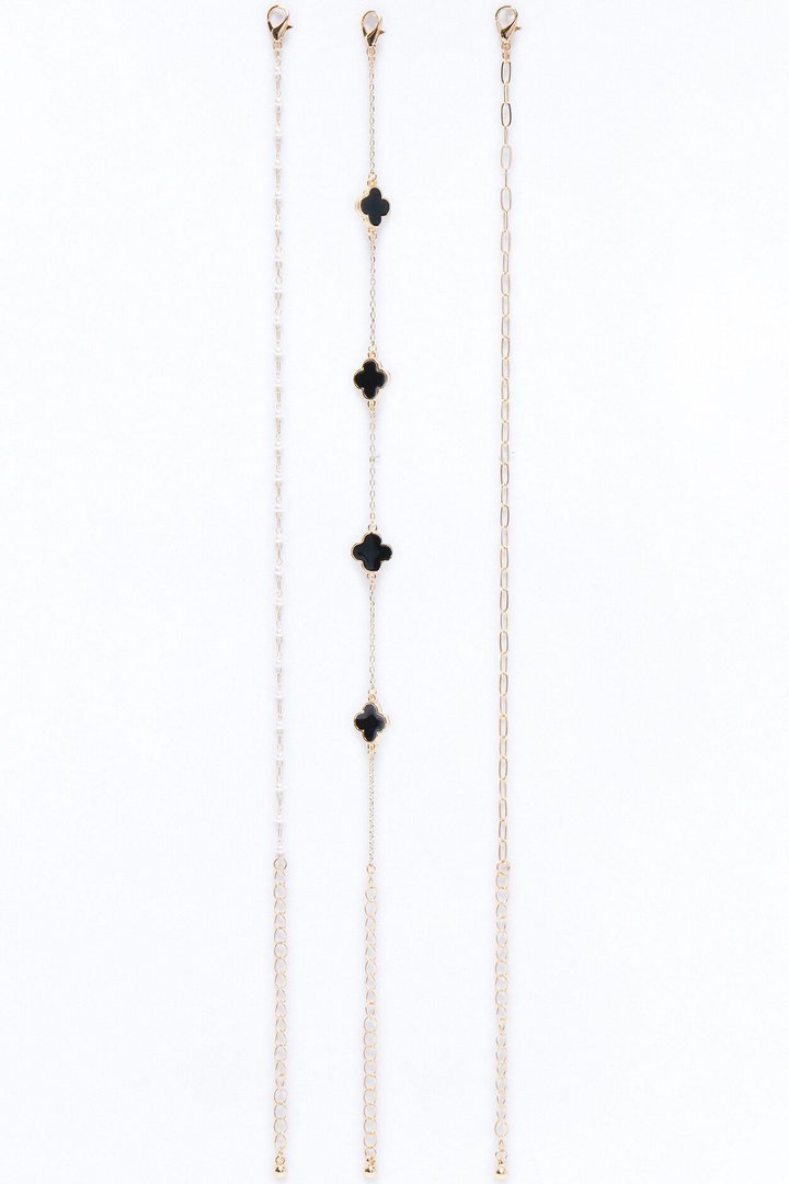 Clovers And Pearls 3 Piece Anklet Set - Gold/Black