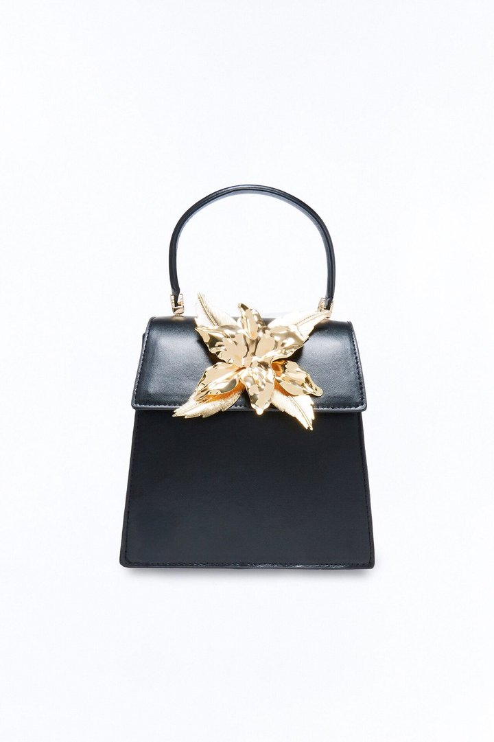 Floral Dreams Faux Leather Satchel Handbag - Black/Gold
