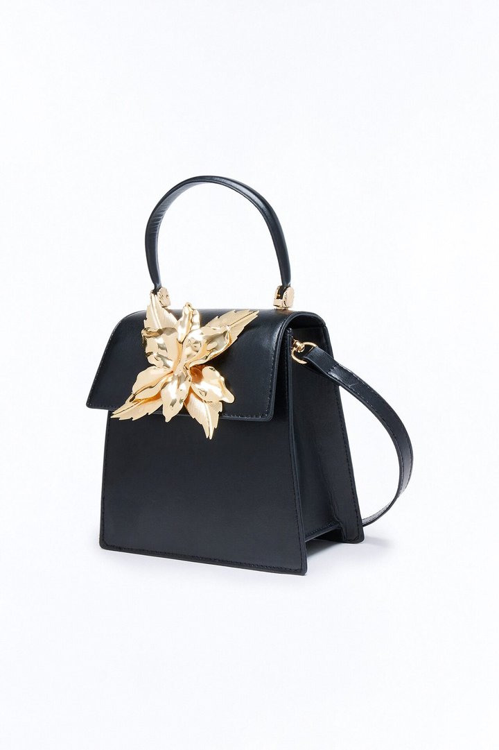 Floral Dreams Faux Leather Satchel Handbag - Black/Gold