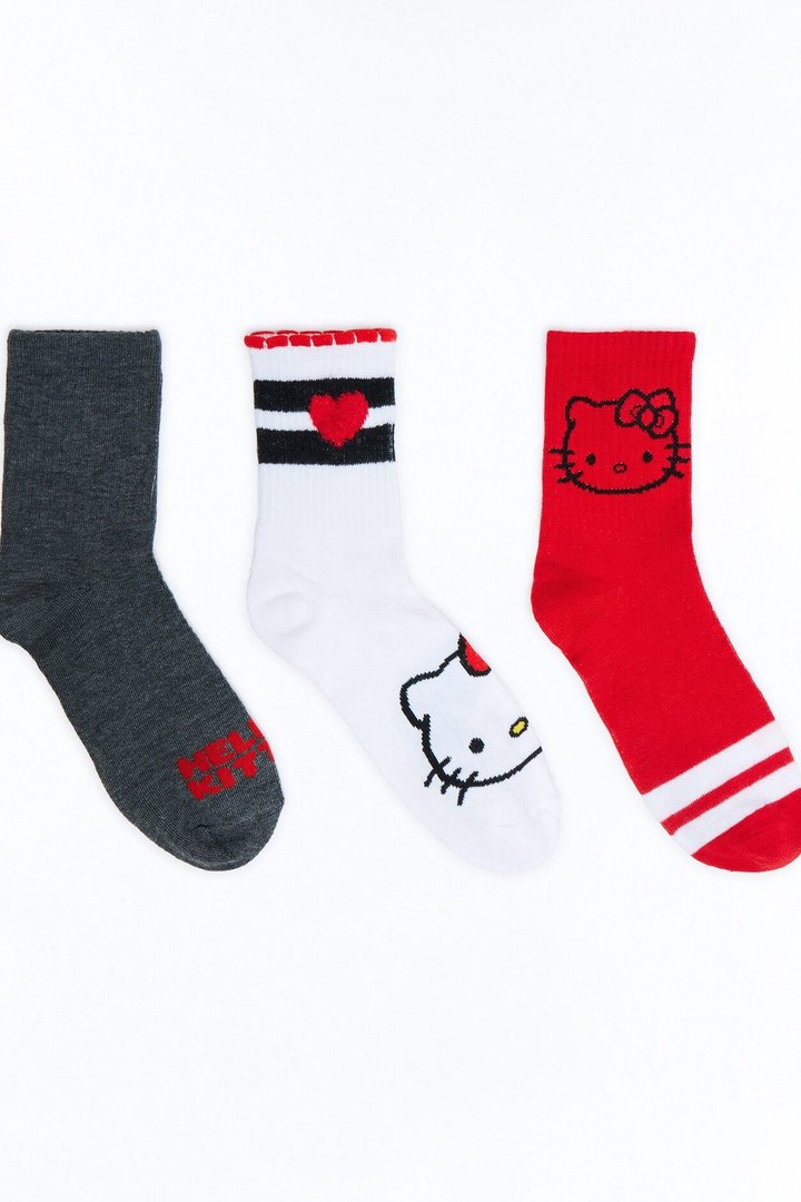 Hello Kitty Red Heart 3 Pack Crew Socks - Red/combo