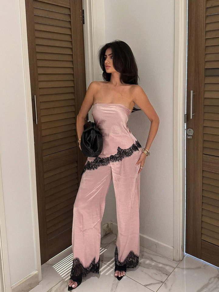Joliene Satin Laced Pant Set - Pink