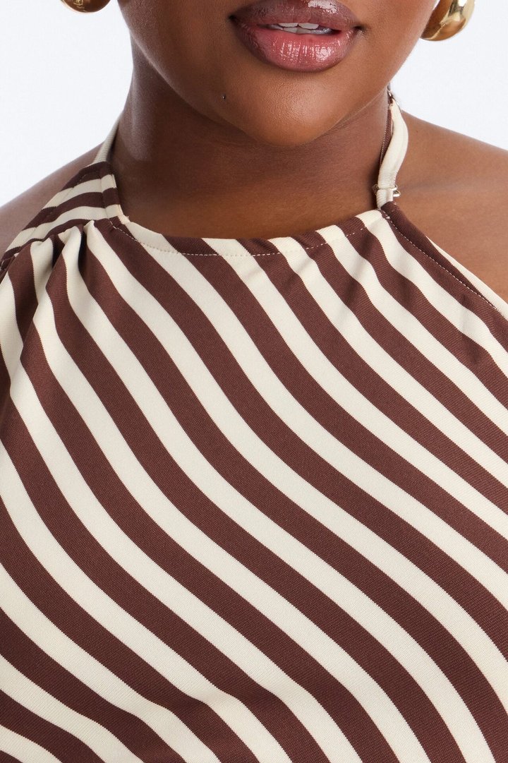 Steph Striped Draped Tie Halter Top - Mocha/combo